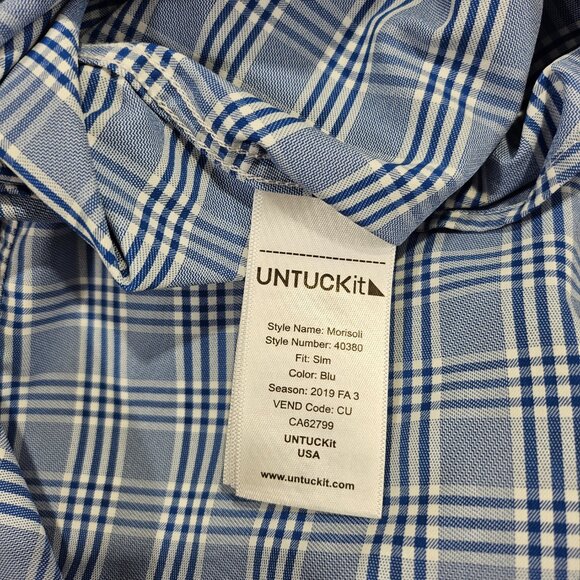UNTUCKit Shirt Mens L Blue White Plaid Button Up Slim Fit Morisoli - Picture 7 of 10